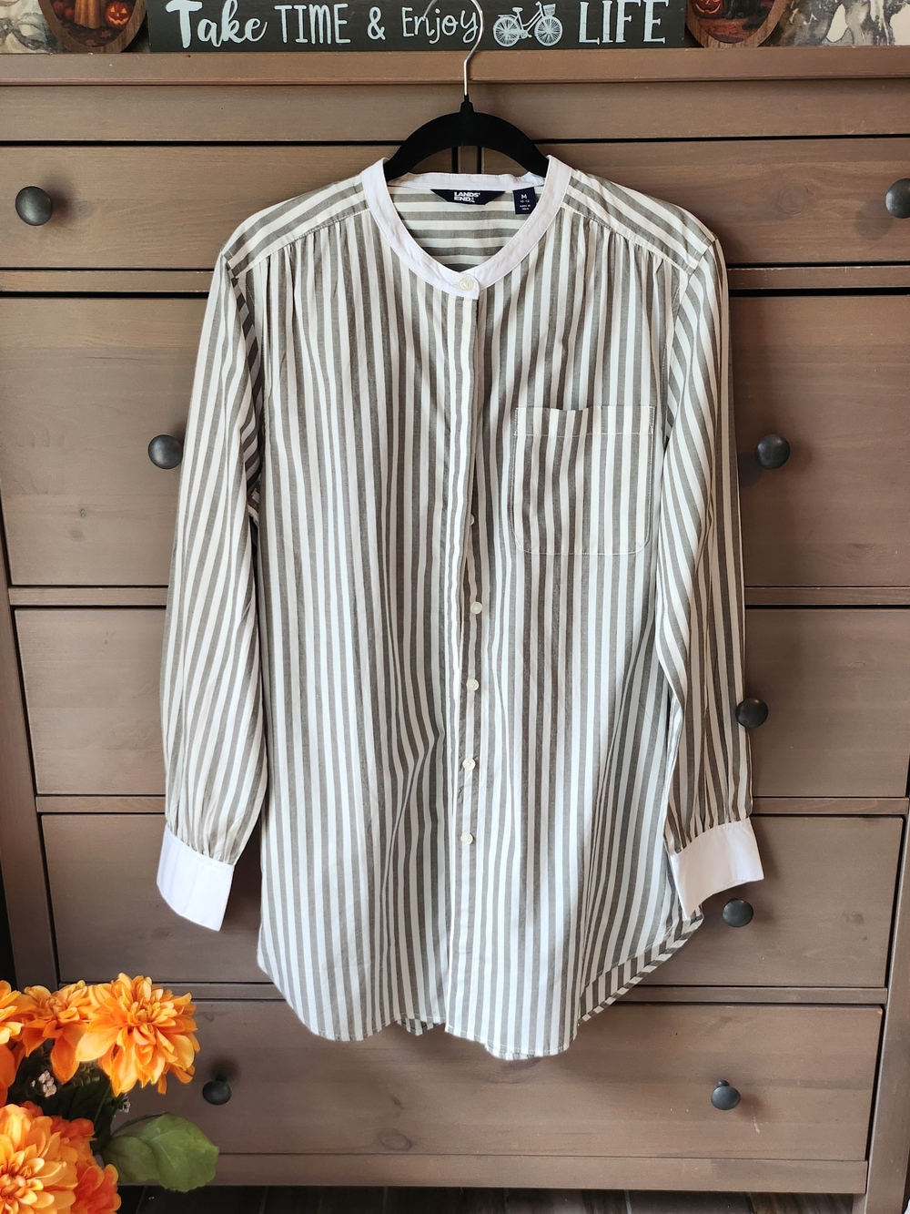 Lands' End Grey vertical Striped Button Down Tunic Top